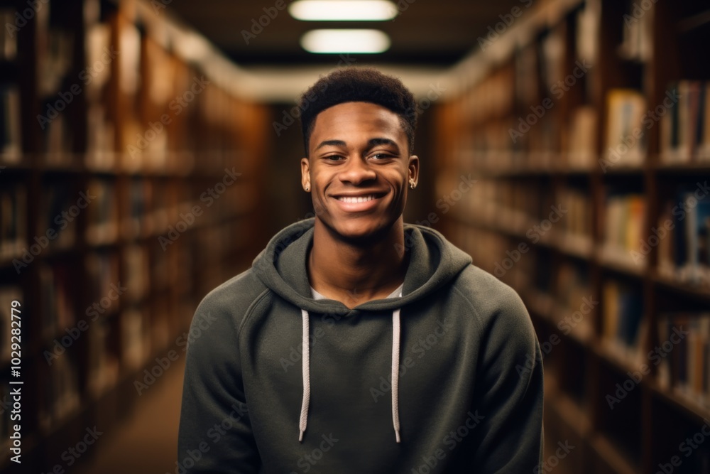 Portrait of a African American male student in library Portrait of a African American male student in library