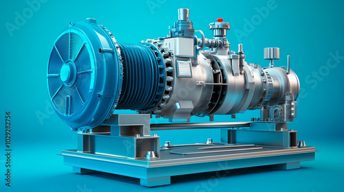 Industrial Screw Compressor Machine with Fan on Blue Background