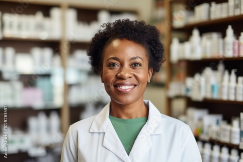 Portrait of a middle aged African American female pharmacist in pharmacy