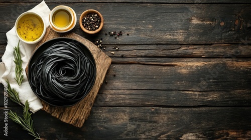 Black cuttlefish ink spaghetti with rosemary, olive oil, spices on dark wood. photo