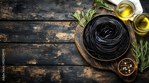 Black cuttlefish ink spaghetti on rustic wood with vintage white napkin. photo