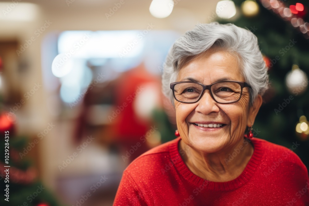 Portrait of a smiling Hispanic senior woman in nursing home during Christmas Portrait of a smiling Hispanic senior woman in nursing home during Christmas
