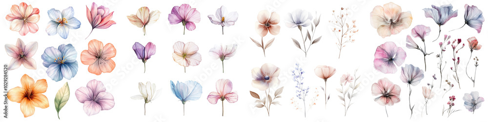 Pastel Floral Design Set on Transparent Background