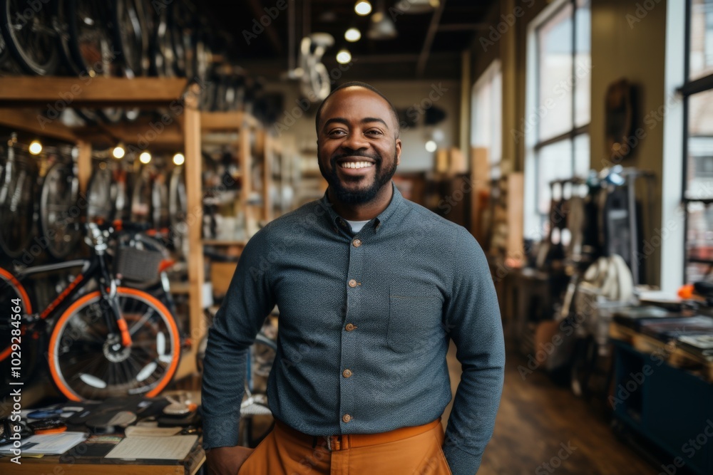 Portrait of a happy African American salesman in bicycle store Portrait of a happy African American salesman in bicycle store