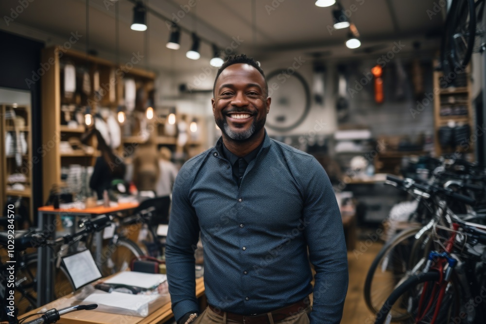 Portrait of a happy African American salesman in bicycle store Portrait of a happy African American salesman in bicycle store