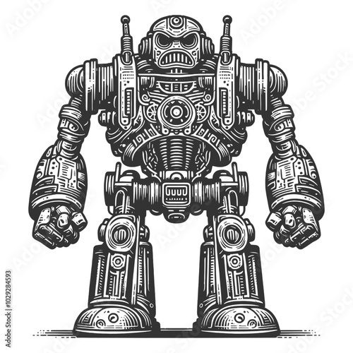 angry vintage robot with gears and bolts, retro-futuristic design and mechanical detail sketch engraving generative ai vector illustration. Scratch board imitation. Black and white image.