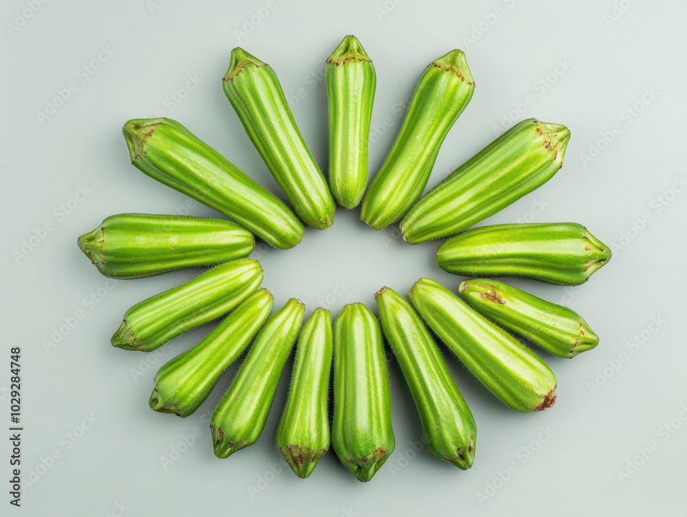 Circle of fresh green okra arranged in neat, symmetrical pattern.