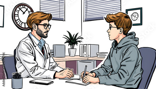 Young psychologist working with teenage boy in office isolated with white highlights, png photo