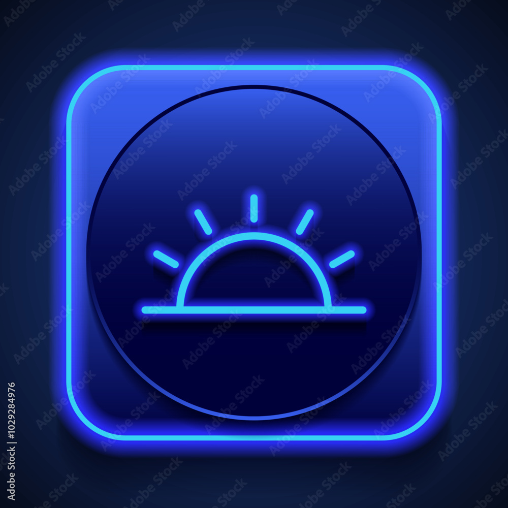 Sunrise simple icon. Flat design. Blue neon style on button. With shadow Sunrise simple icon. Flat design. Blue neon style on button. With shadow