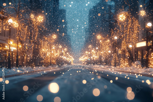 Winter street decorated with lights and falling snow at night photo