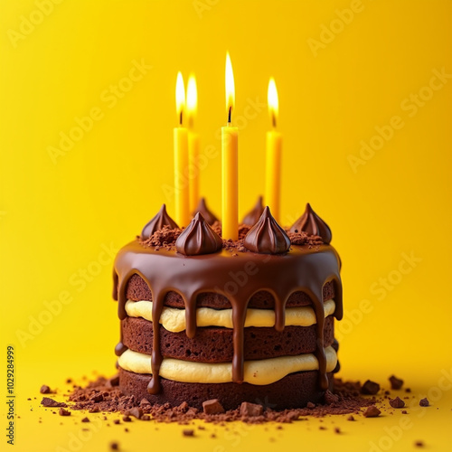 Birthday cake with candles and yellow background photo