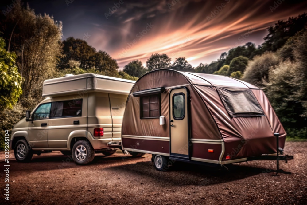 Obraz premium Van Towing Trailer Tent Vector Illustration - Side View Car Design for Camping Adventures