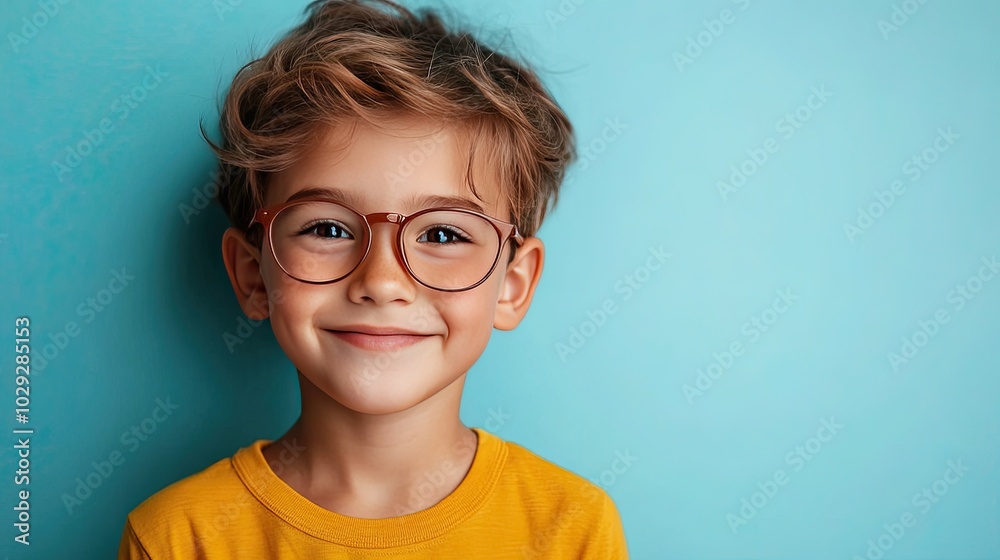 A child wearing glasses smiles on a plain background. Copy the banner and the space. Concept: a month-long celebration of adult and child eye health and safety A child wearing glasses smiles on a plain background. Copy the banner and the space. Concept: a month-long celebration of adult and child eye health and safety