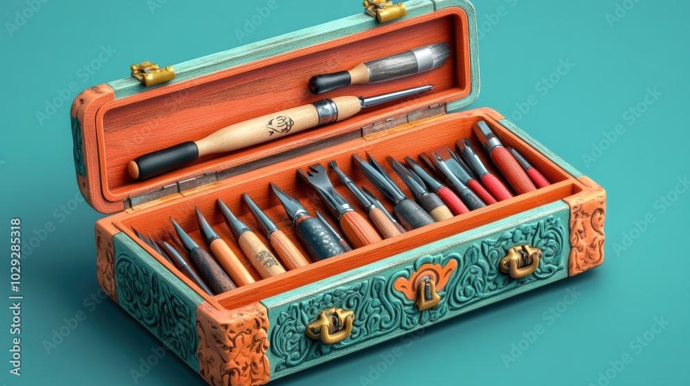 Vector Illustration of wood carving tools in small craft box in vibrant colors. 3D render. highly detailed, high resolution for magazine Vector Illustration of wood carving tools in small craft box in vibrant colors. 3D render. highly detailed, high resolution for magazine