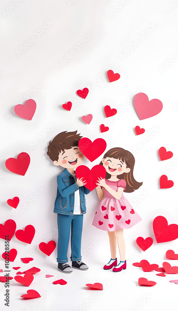 happy cute boy and girl play with hearts from paper, valentine day isolated with white highlights, png happy cute boy and girl play with hearts from paper, valentine day isolated with white highlights, png