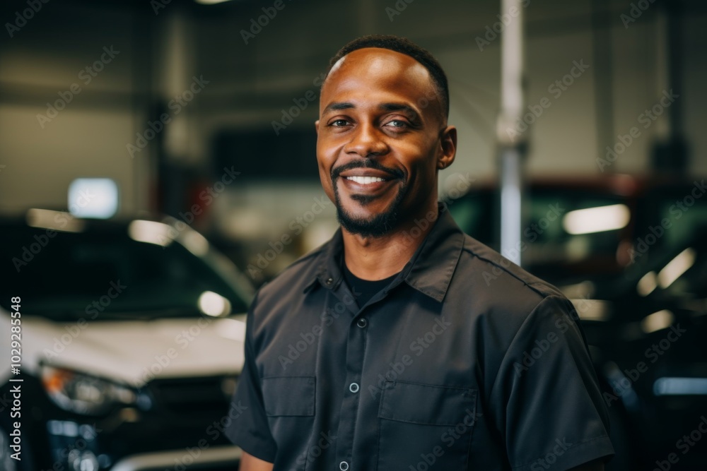 Portrait of a smiling middle aged African American car mechanic Portrait of a smiling middle aged African American car mechanic