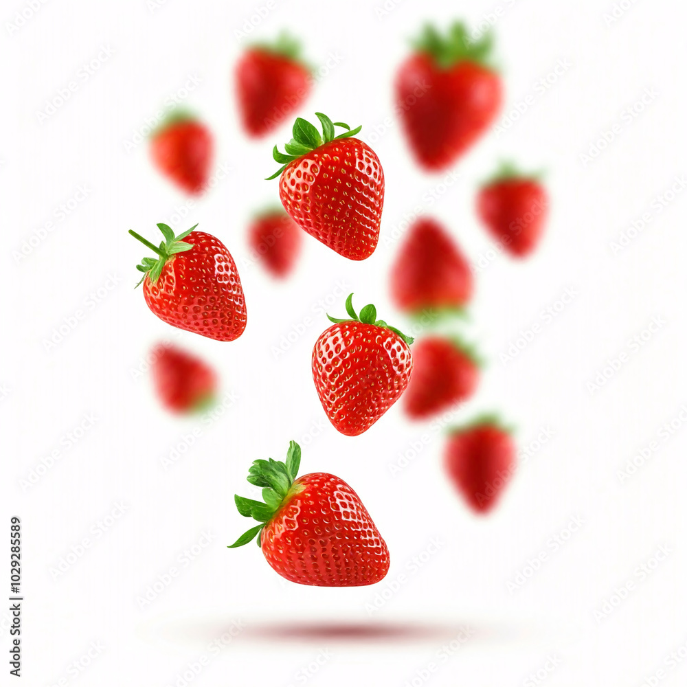 red fresh strawberries falling in white background red fresh strawberries falling in white background