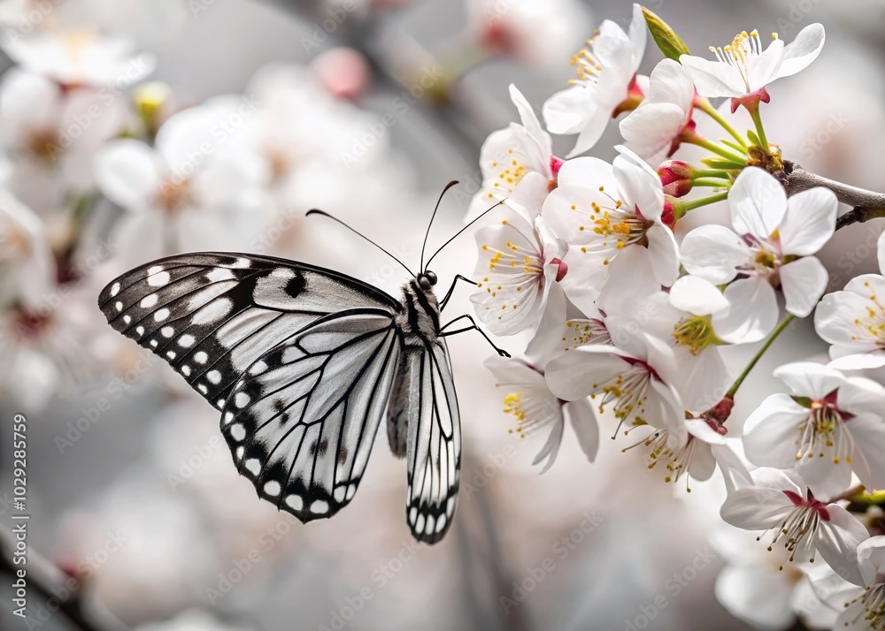 Delicate Black and White Butterfly on Cherry Blossoms - Minimalist Nature Photography