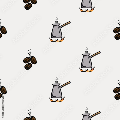 Simple seamless pattern with coffee beans and coffee pot for brewing. Set of icons for the design of a cafe, restaurant, coffee shop, cafeteria. Endless background for gift paper