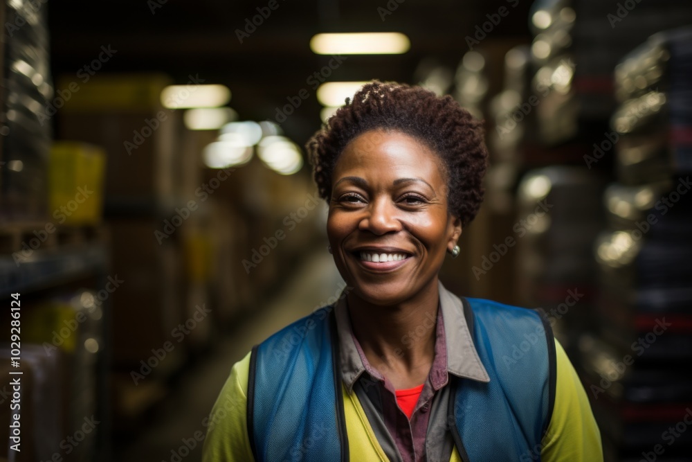 Portrait of a joyful middle aged African American female warehouse worker Portrait of a joyful middle aged African American female warehouse worker