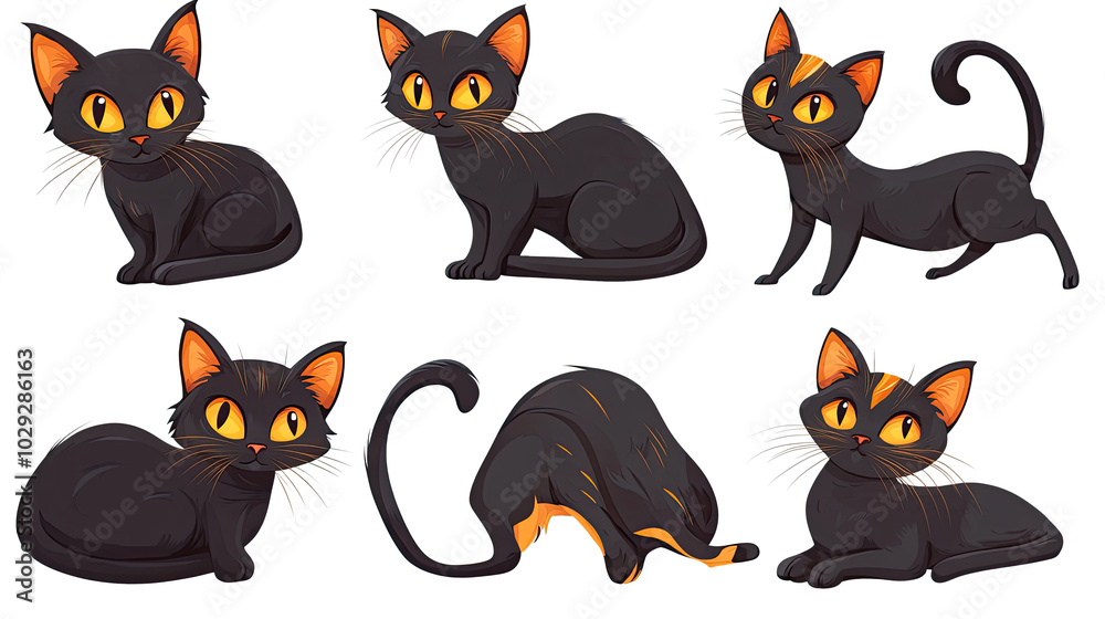 Six Cute Black Cats in Different Poses on White Background Generative AI