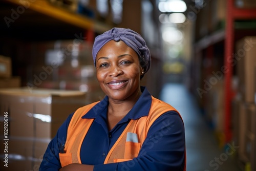 Portrait of a joyful middle aged African American female warehouse worker