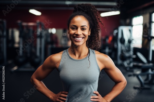 Portrait of a young African American female fitness trainer in gym