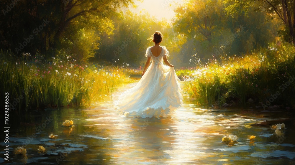 A woman in a white dress is walking across a river A woman in a white dress is walking across a river