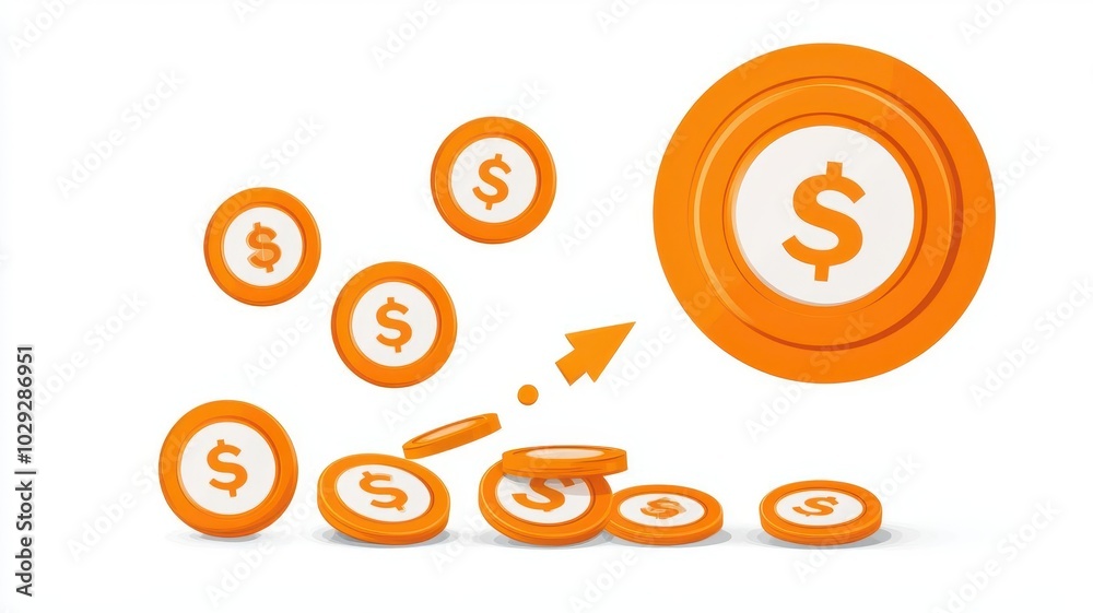 Illustration of orange coins with dollar signs on white background. Illustration of orange coins with dollar signs on white background.