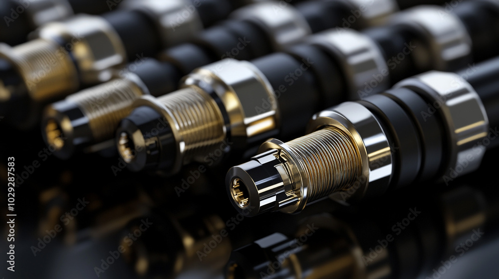 Industrial Connectors Black and Gold Metal Parts Close Up Macro Photography Industrial Connectors Black and Gold Metal Parts Close Up Macro Photography
