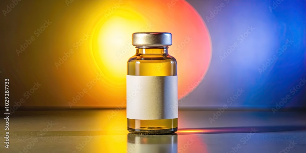 Naklejka premium Small amber bottle glowing in a colorful spotlight.