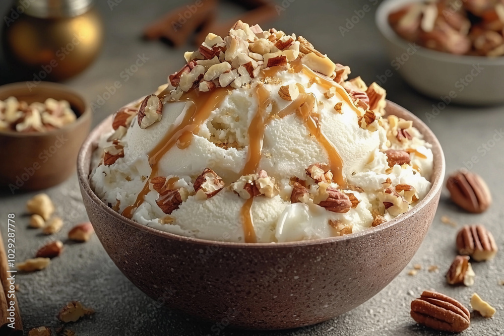 Delicious bowl of ice cream topped with caramel sauce and nuts Delicious bowl of ice cream topped with caramel sauce and nuts
