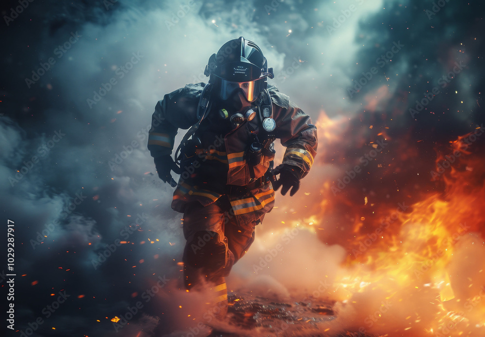 Fireman in smoke. Firefighter man in fire. Emergency firefighting in action. Fighter in uniform and helmet. Firemen in fog Fireman in smoke. Firefighter man in fire. Emergency firefighting in action. Fighter in uniform and helmet. Firemen in fog