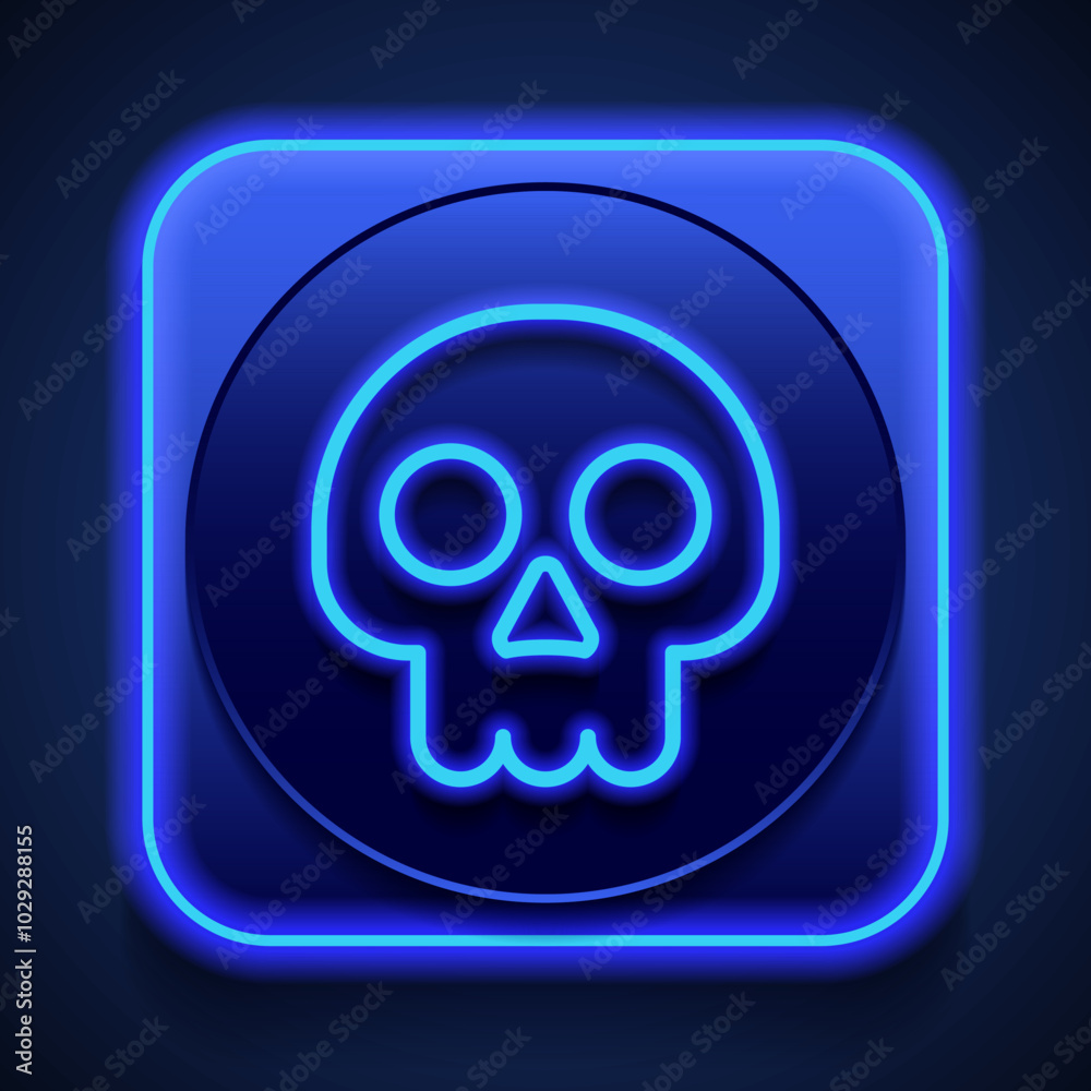 Skull simple icon. Flat design. Blue neon style on button. With shadow Skull simple icon. Flat design. Blue neon style on button. With shadow