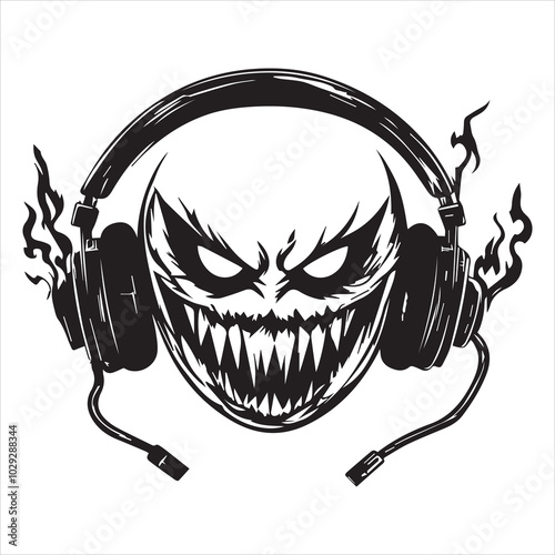 simple monothone black vector logo of a happy face with a sinister evil smile and fiery evil eyes and headphones, on a white background