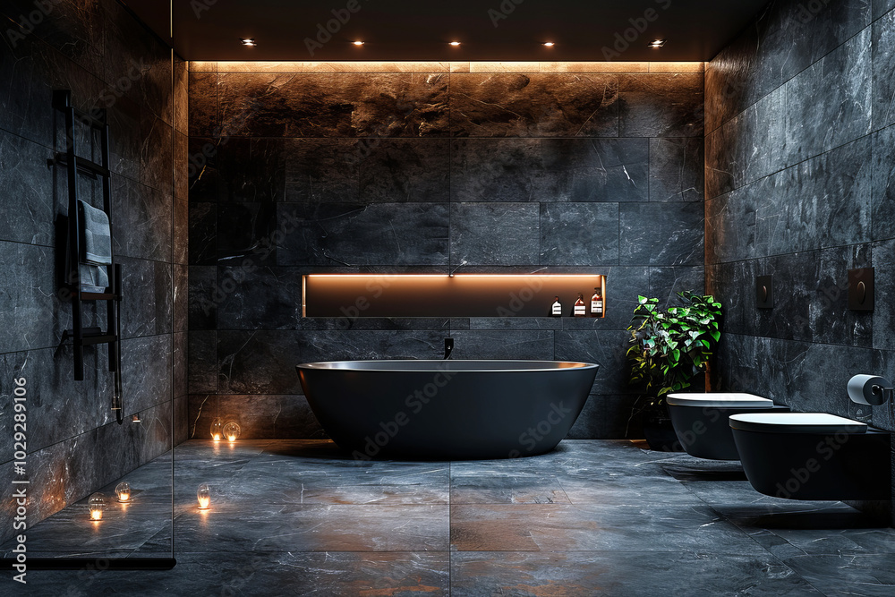 A luxurious bathroom with dark stone walls, featuring a sleek black freestanding bathtub, modern fixtures, soft ambient lighting, and elegant decor with minimalistic elements. A luxurious bathroom with dark stone walls, featuring a sleek black freestanding bathtub, modern fixtures, soft ambient lighting, and elegant decor with minimalistic elements.