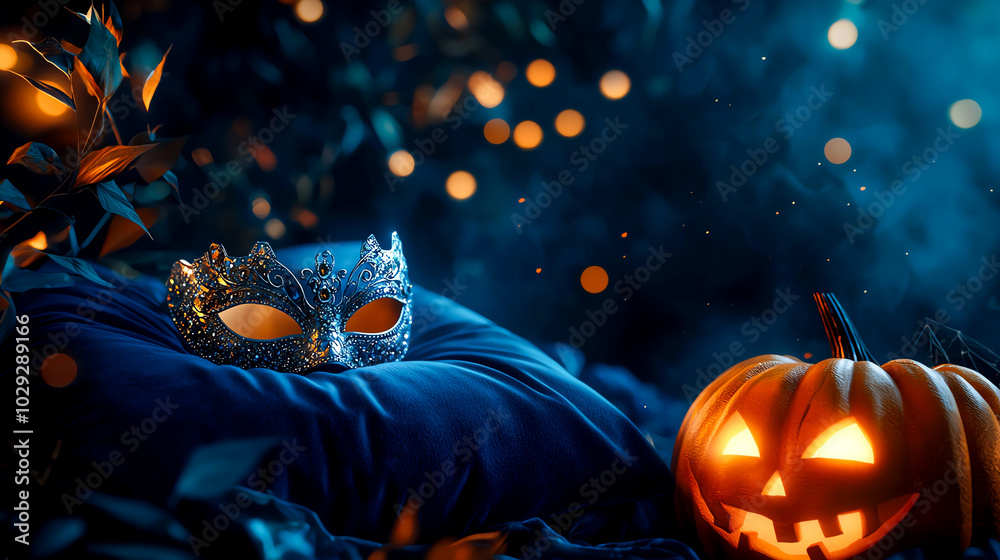 Naklejka premium Glimmering masquerade mask and glowing pumpkin in a mystical dark forest, evoking enchanting Halloween atmosphere with bokeh lights.