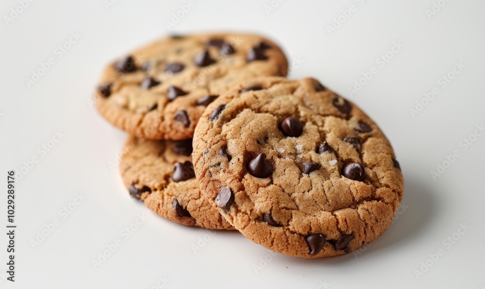 Freshly baked chocolate chip cookies, white background, 4K hyperrealistic photo Freshly baked chocolate chip cookies, white background, 4K hyperrealistic photo
