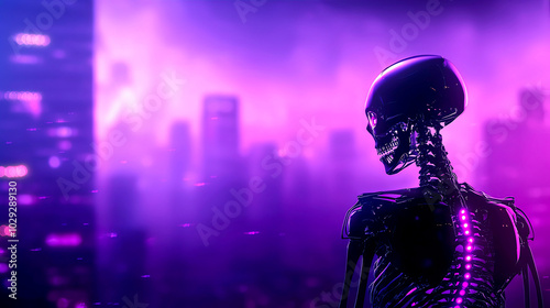 Futuristic robot overlooking a neon-lit cityscape at night, capturing a blend of technology and urban life.