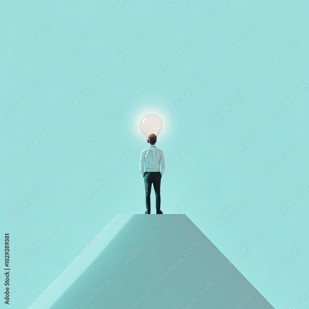 Fototapeta premium Businessman on bulb in light backdrop with mock up area.