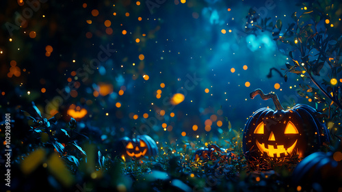 Glowing jack-o'-lanterns illuminate a spooky forest path with a mystical night sky, creating an eerie Halloween atmosphere. photo