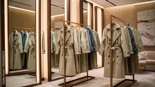 Chic Trench Coats Displayed in Elegant Boutique Dressing Room photo