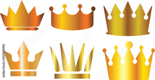 Six luxury crown set with different golden colors isolated on transparent white background