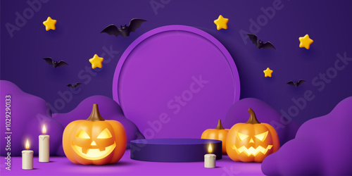 3d Halloween podium stage with pumpkins, candles and flying bats. Festive eerie and spooky scene featuring round platform surrounded by glowing jack lanterns and candlelight on dark purple background