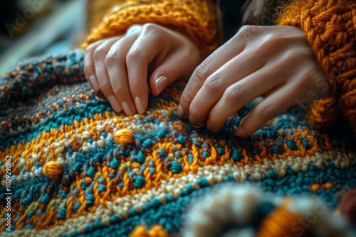 Close-up of hands knitting a cozy sweater with vibrant yarn in a warm autumn setting