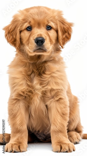 Golden retriever puppy sitting, white background, 4K hyperrealistic photo