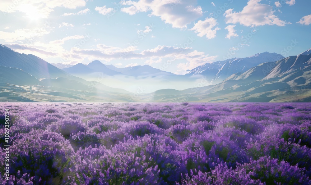Sunlit lavender field with distant mountains, 4K hyperrealistic photo Sunlit lavender field with distant mountains, 4K hyperrealistic photo