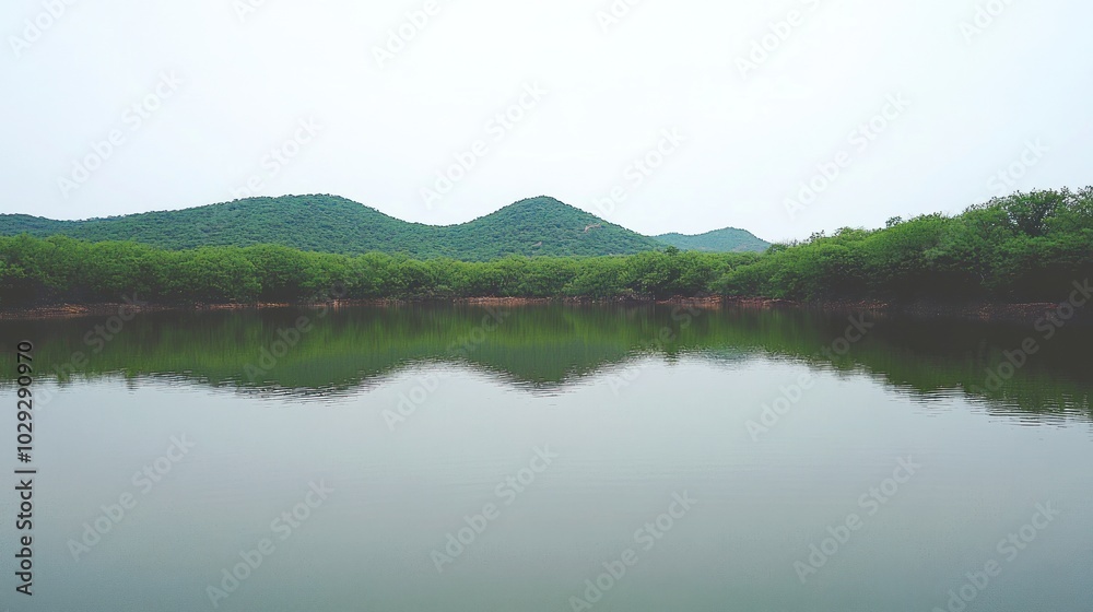 A Still Lake Reflecting Green Hills Under a Cloudy Sky A Still Lake Reflecting Green Hills Under a Cloudy Sky