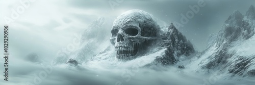 Rocky mountain in the shape of a human skull with snow in winter. Fantasy theme. Halloween poster.