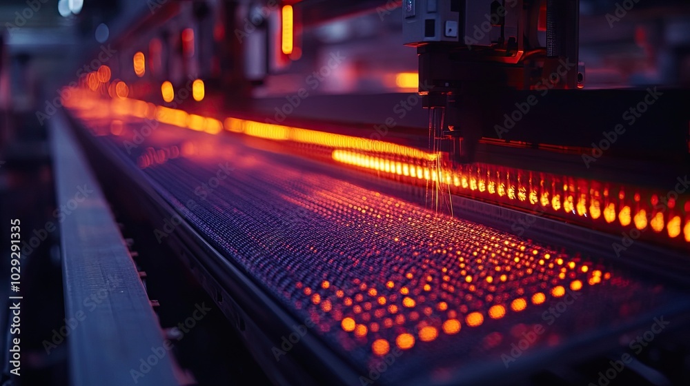 An up-close view of a textile machine in a factory setting, complete with luminous lights and threads being processed An up-close view of a textile machine in a factory setting, complete with luminous lights and threads being processed